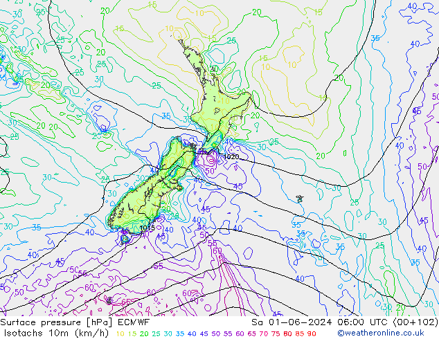 Isotachs (kph) ECMWF Sáb 01.06.2024 06 UTC