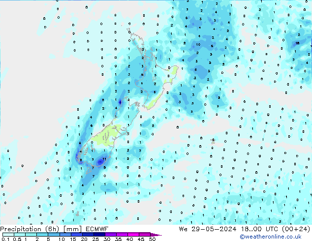 Precipitación (6h) ECMWF mié 29.05.2024 00 UTC