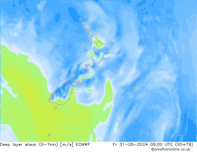 Deep layer shear (0-1km) ECMWF  31.05.2024 06 UTC