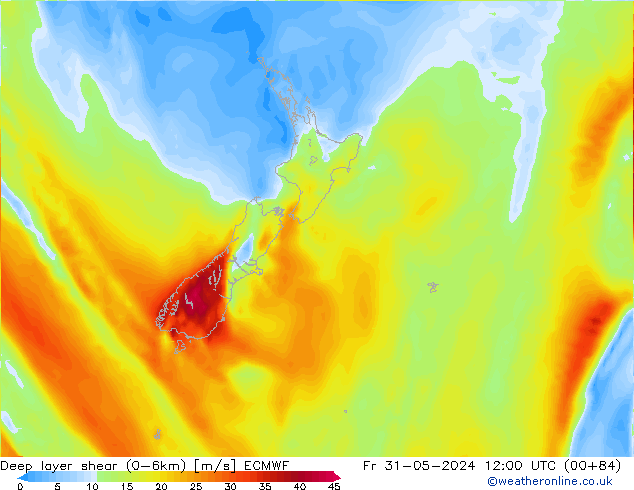 Deep layer shear (0-6km) ECMWF Fr 31.05.2024 12 UTC