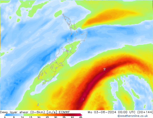 Deep layer shear (0-6km) ECMWF pon. 03.06.2024 00 UTC