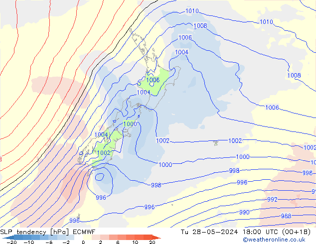 SLP tendency ECMWF Út 28.05.2024 18 UTC