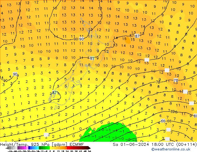 Height/Temp. 925 hPa ECMWF Sáb 01.06.2024 18 UTC