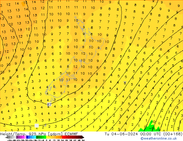 Height/Temp. 925 hPa ECMWF Tu 04.06.2024 00 UTC