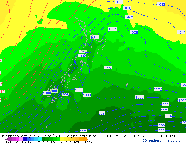 Espesor 850-1000 hPa ECMWF mar 28.05.2024 21 UTC