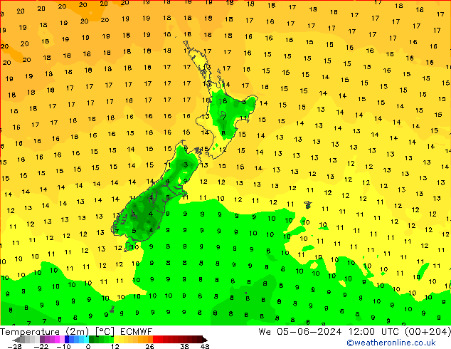 Temperature (2m) ECMWF St 05.06.2024 12 UTC