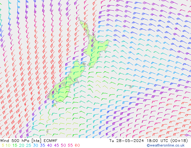 Wind 500 hPa ECMWF Út 28.05.2024 18 UTC