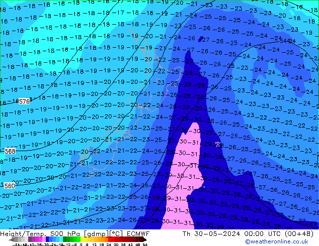 Z500/Rain (+SLP)/Z850 ECMWF чт 30.05.2024 00 UTC