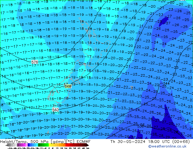 Z500/Rain (+SLP)/Z850 ECMWF czw. 30.05.2024 18 UTC