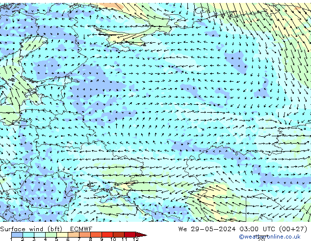 wiatr 10 m (bft) ECMWF śro. 29.05.2024 03 UTC