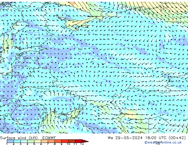 wiatr 10 m (bft) ECMWF śro. 29.05.2024 18 UTC