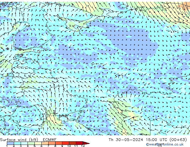 Rüzgar 10 m (bft) ECMWF Per 30.05.2024 15 UTC