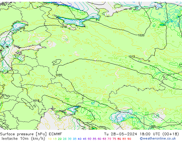 Isotachs (kph) ECMWF Tu 28.05.2024 18 UTC