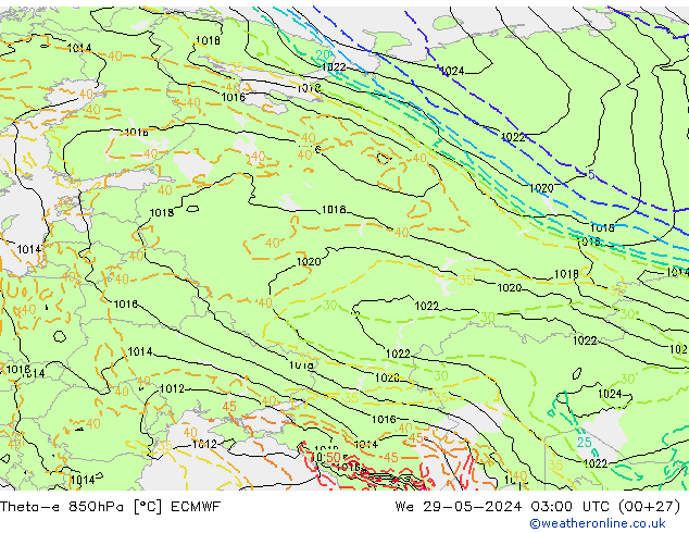 Theta-e 850hPa ECMWF Qua 29.05.2024 03 UTC