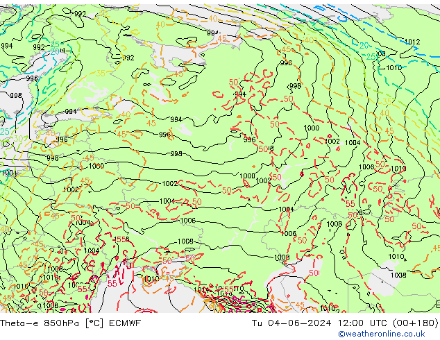 Theta-e 850hPa ECMWF Tu 04.06.2024 12 UTC