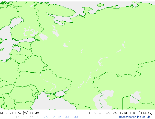 Humidité rel. 850 hPa ECMWF mar 28.05.2024 03 UTC