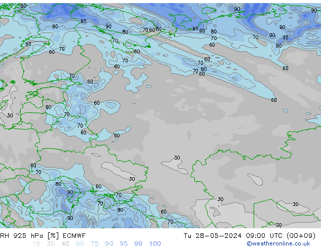 RH 925 hPa ECMWF Út 28.05.2024 09 UTC