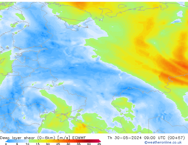 Deep layer shear (0-6km) ECMWF Qui 30.05.2024 09 UTC