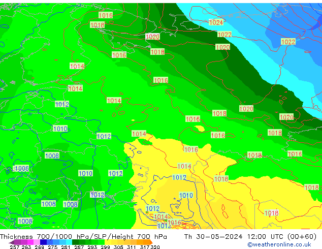 Thck 700-1000 гПа ECMWF чт 30.05.2024 12 UTC