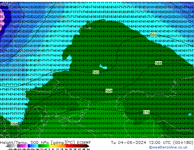 Height/Temp. 500 hPa ECMWF Di 04.06.2024 12 UTC