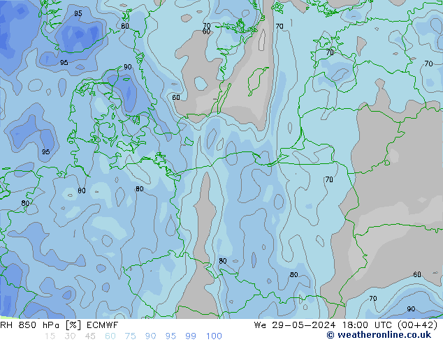 RH 850 гПа ECMWF ср 29.05.2024 18 UTC