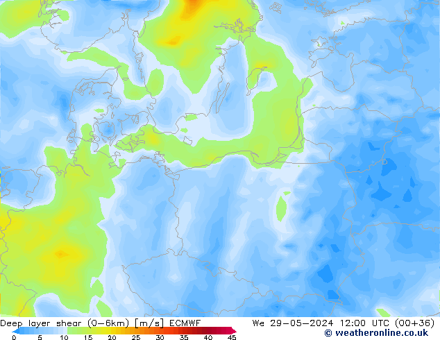 Deep layer shear (0-6km) ECMWF mer 29.05.2024 12 UTC