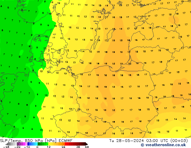 SLP/Temp. 850 hPa ECMWF di 28.05.2024 03 UTC