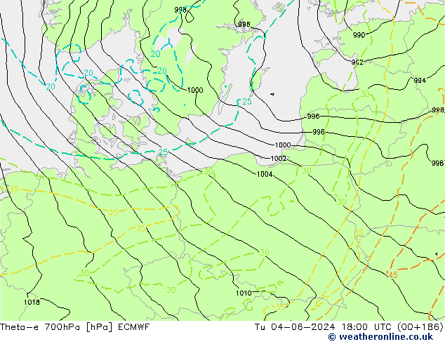 Theta-e 700hPa ECMWF Ter 04.06.2024 18 UTC