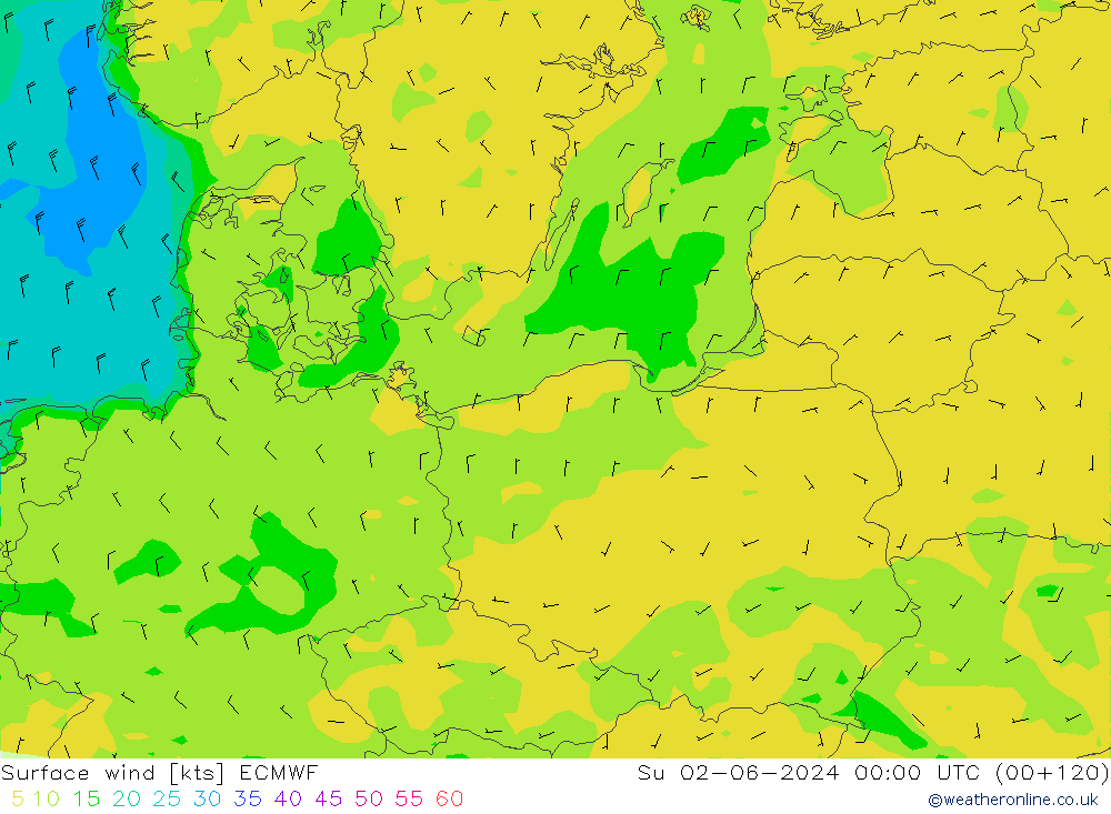 ветер 10 m ECMWF Вс 02.06.2024 00 UTC