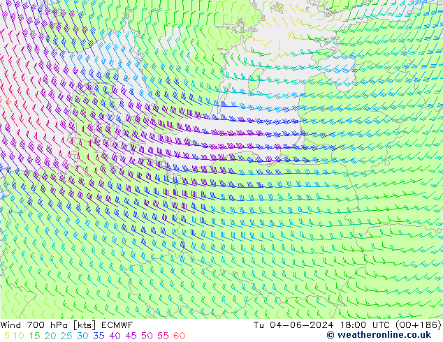 Wind 700 hPa ECMWF Tu 04.06.2024 18 UTC