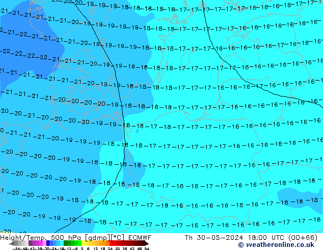 Z500/Rain (+SLP)/Z850 ECMWF Čt 30.05.2024 18 UTC