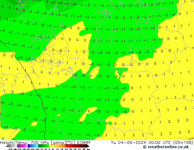 Height/Temp. 700 hPa ECMWF Tu 04.06.2024 00 UTC