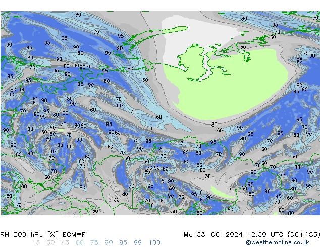 Humidité rel. 300 hPa ECMWF lun 03.06.2024 12 UTC