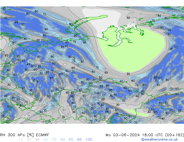 RH 300 hPa ECMWF pon. 03.06.2024 18 UTC