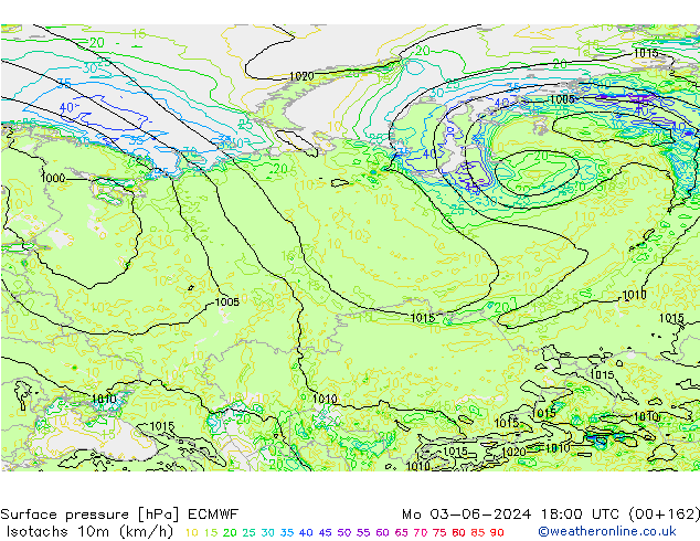 Isotachs (kph) ECMWF пн 03.06.2024 18 UTC