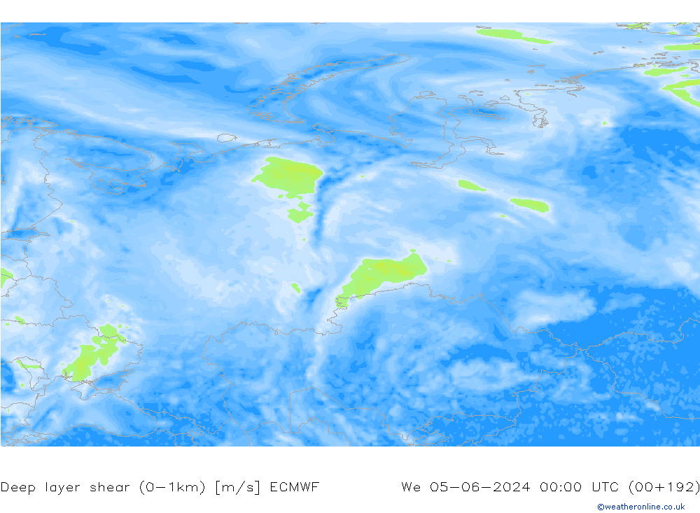 Deep layer shear (0-1km) ECMWF We 05.06.2024 00 UTC