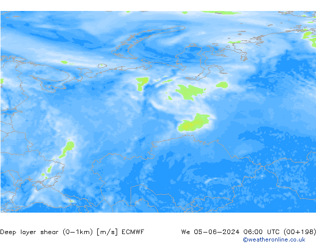 Deep layer shear (0-1km) ECMWF mié 05.06.2024 06 UTC