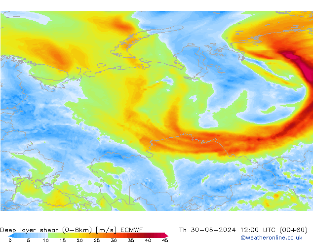 Deep layer shear (0-6km) ECMWF Čt 30.05.2024 12 UTC