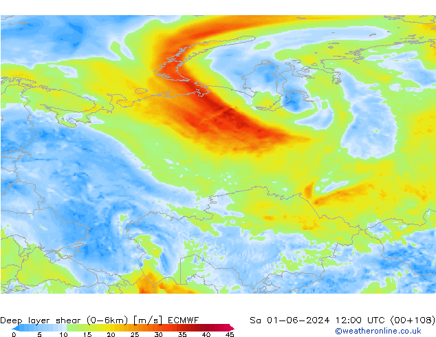 Deep layer shear (0-6km) ECMWF so. 01.06.2024 12 UTC