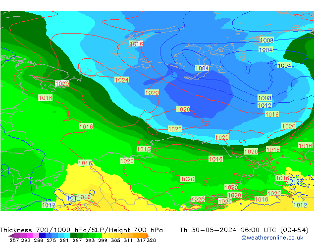 Espesor 700-1000 hPa ECMWF jue 30.05.2024 06 UTC