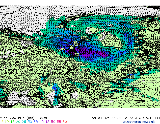 Wind 700 hPa ECMWF Sa 01.06.2024 18 UTC