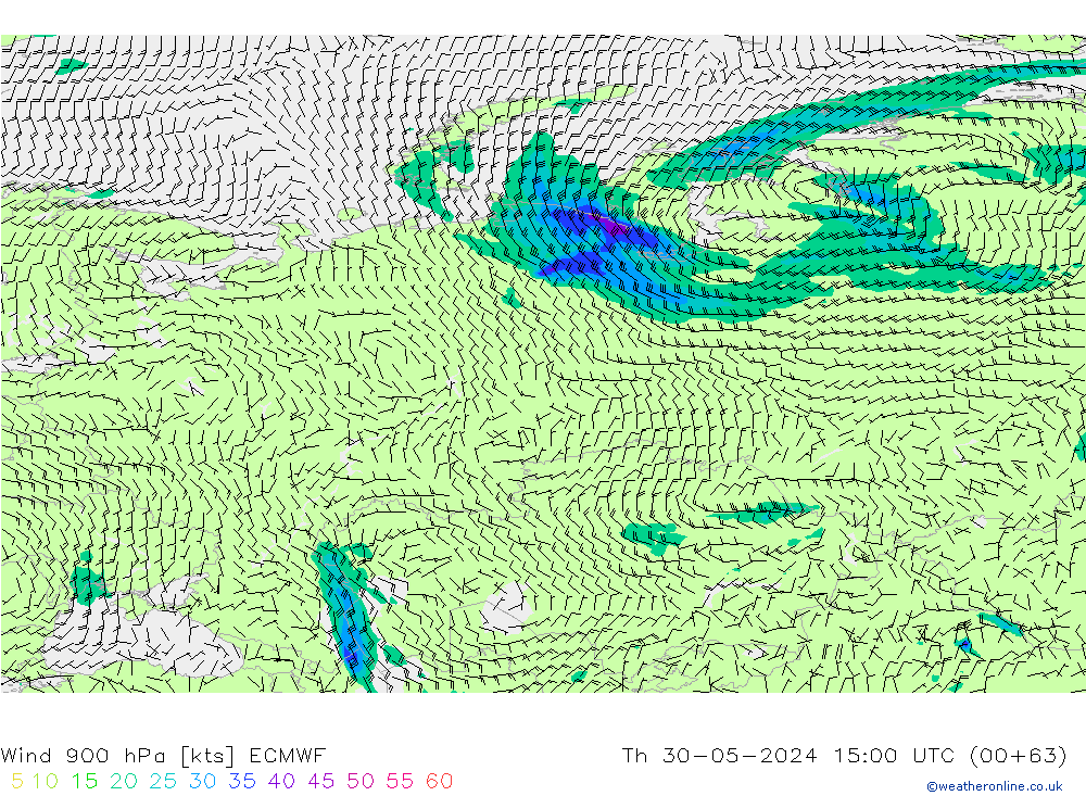 Vento 900 hPa ECMWF gio 30.05.2024 15 UTC