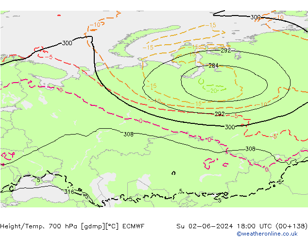 Height/Temp. 700 hPa ECMWF So 02.06.2024 18 UTC