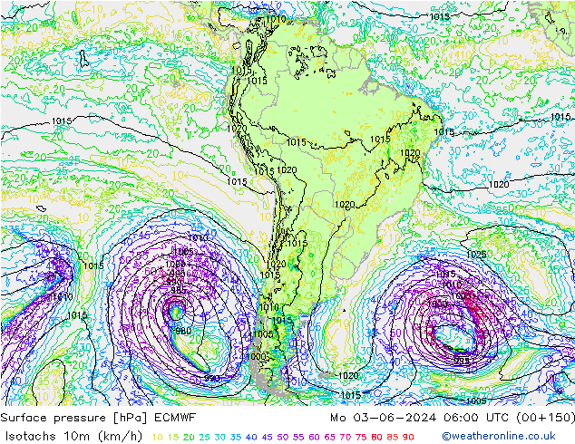 Isotachs (kph) ECMWF Po 03.06.2024 06 UTC