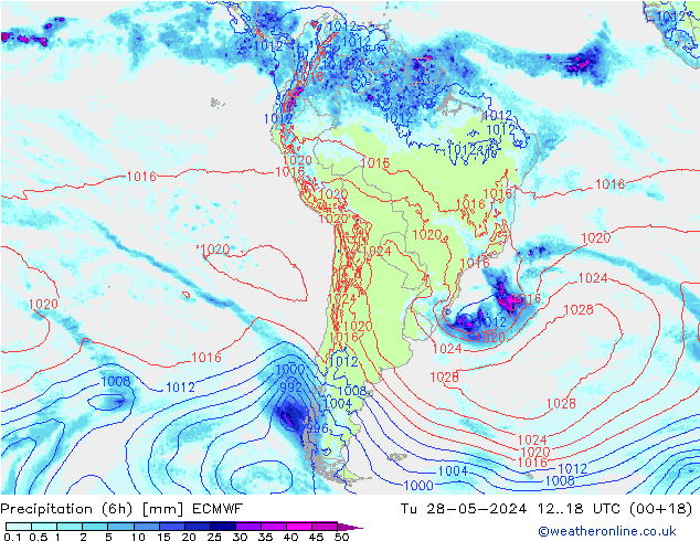 Precipitation (6h) ECMWF Út 28.05.2024 18 UTC