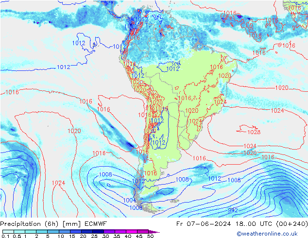 Totale neerslag (6h) ECMWF vr 07.06.2024 00 UTC