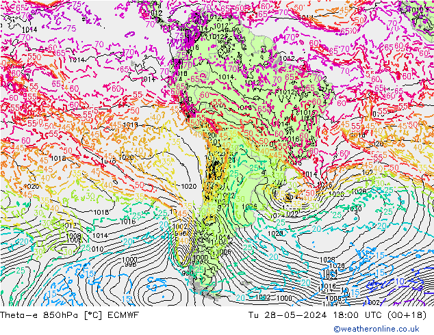 Theta-e 850hPa ECMWF Tu 28.05.2024 18 UTC