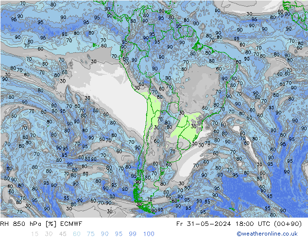 Humedad rel. 850hPa ECMWF vie 31.05.2024 18 UTC