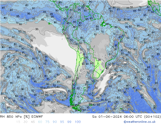 RH 850 hPa ECMWF Sáb 01.06.2024 06 UTC