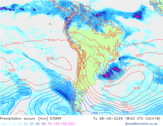 Precipitation accum. ECMWF Út 28.05.2024 18 UTC